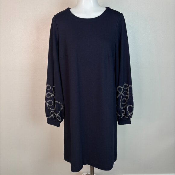 Ann Taylor Shift Dress Medium Navy Blue Embroidered Sleeves Ponte Knit Stretch - Picture 1 of 12